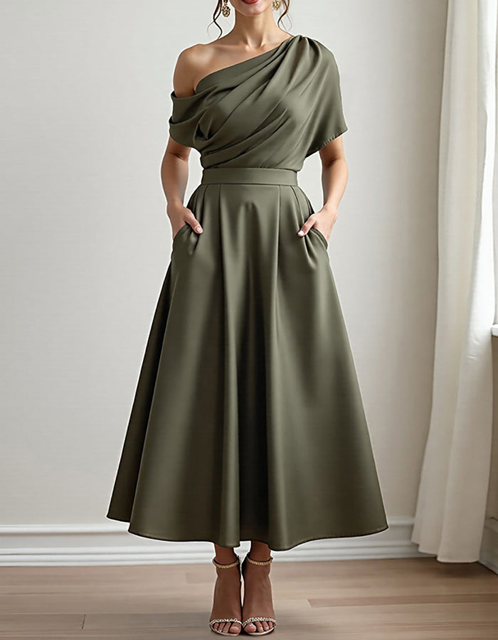 Olive Green Satin One-Shoulder Midi Dress
