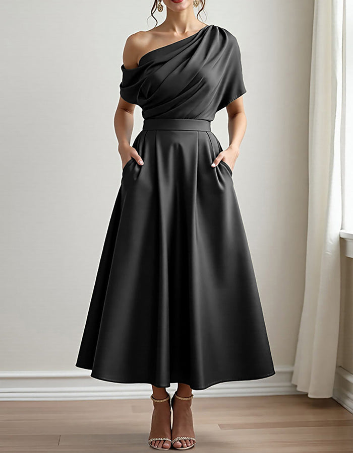 Olive Green Satin One-Shoulder Midi Dress