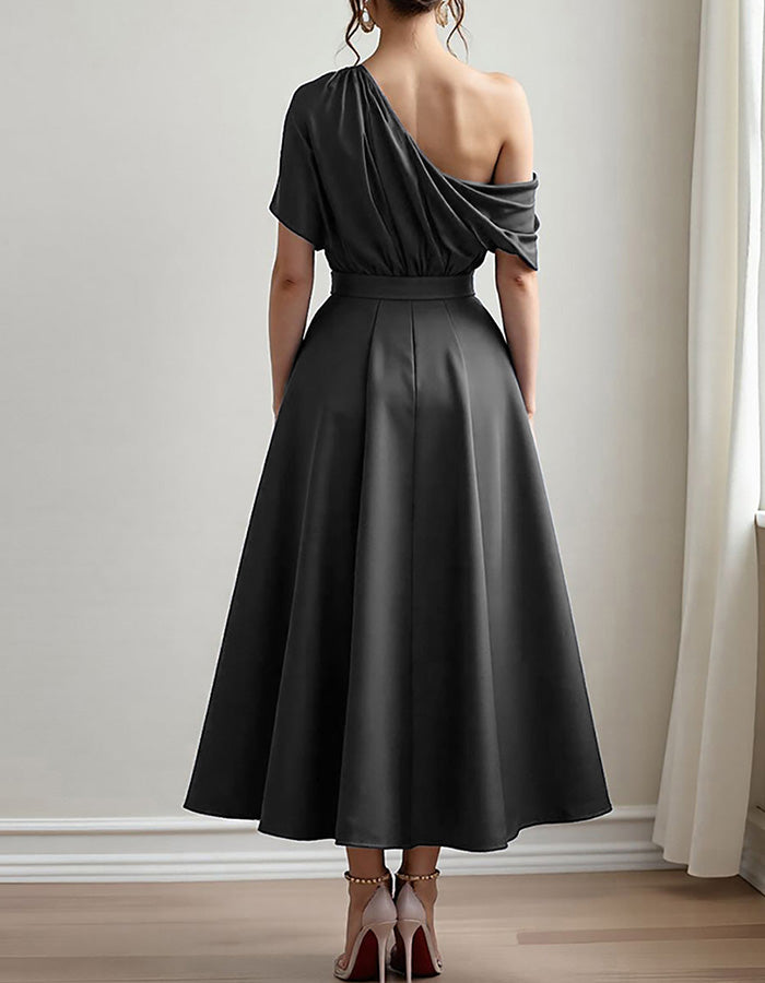 Olive Green Satin One-Shoulder Midi Dress