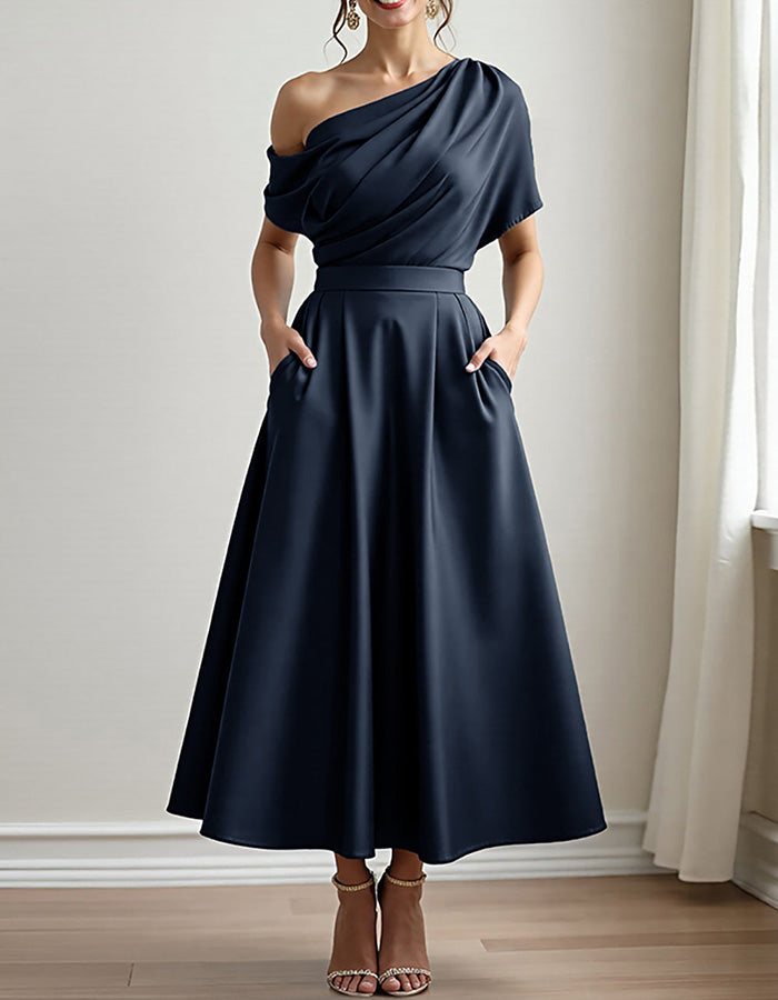 Olive Green Satin One-Shoulder Midi Dress