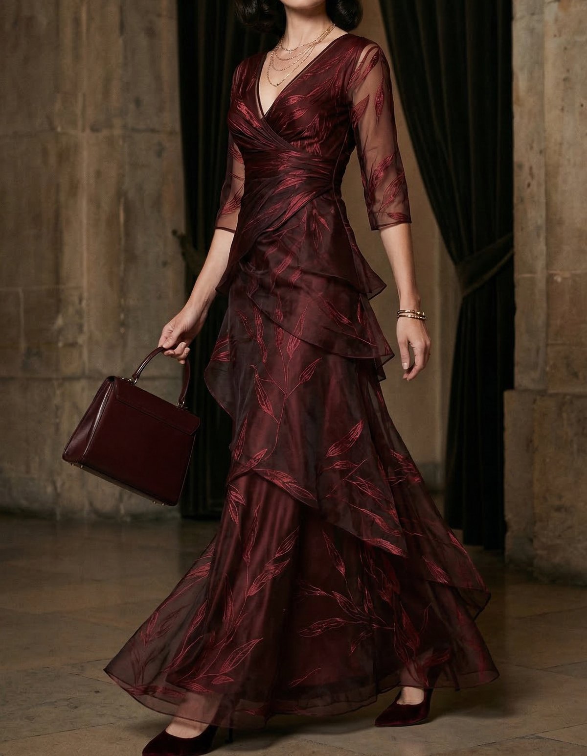 Chiffon Burgundy Feather Embroidered Maxi Dress