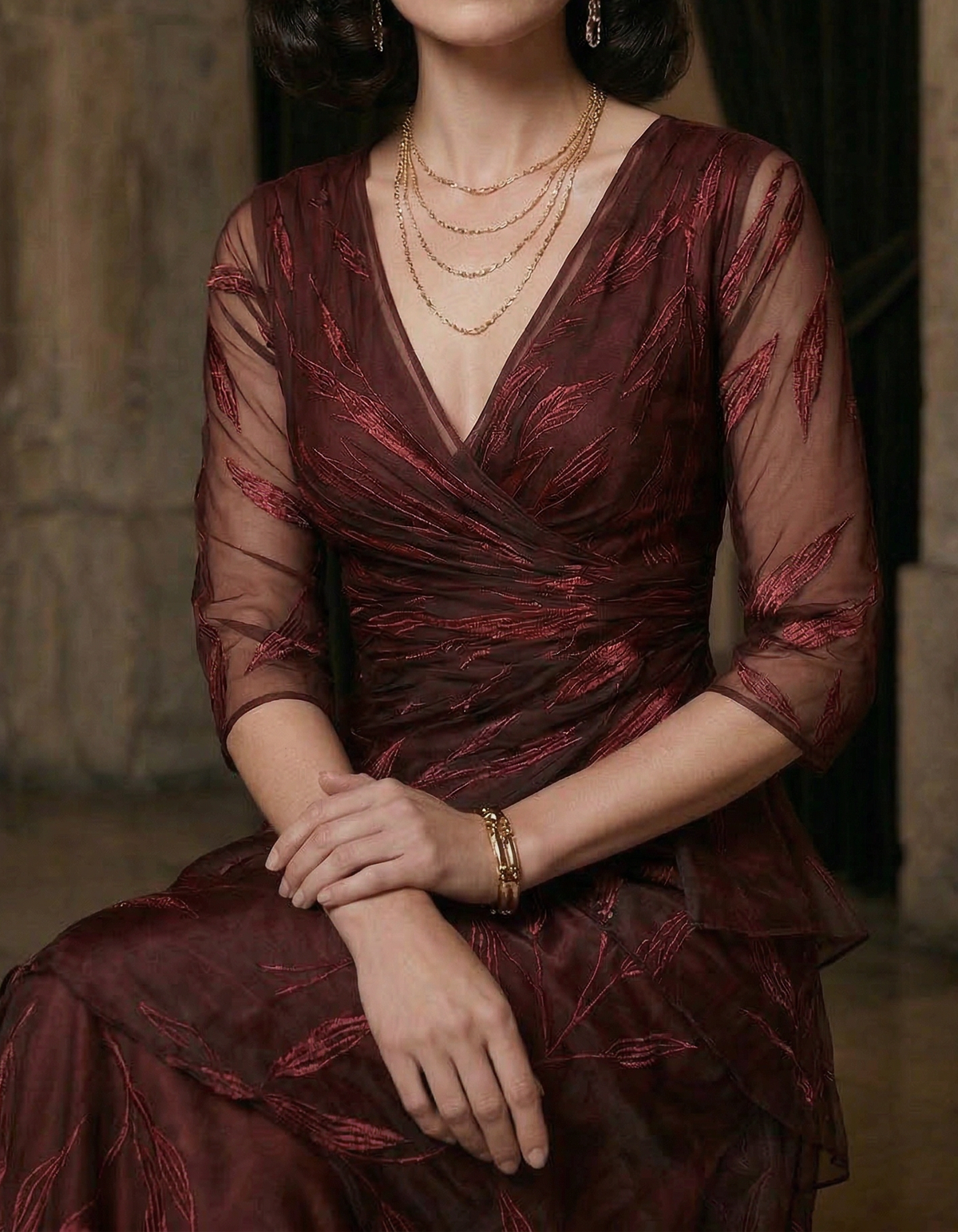 Chiffon Burgundy Feather Embroidered Maxi Dress
