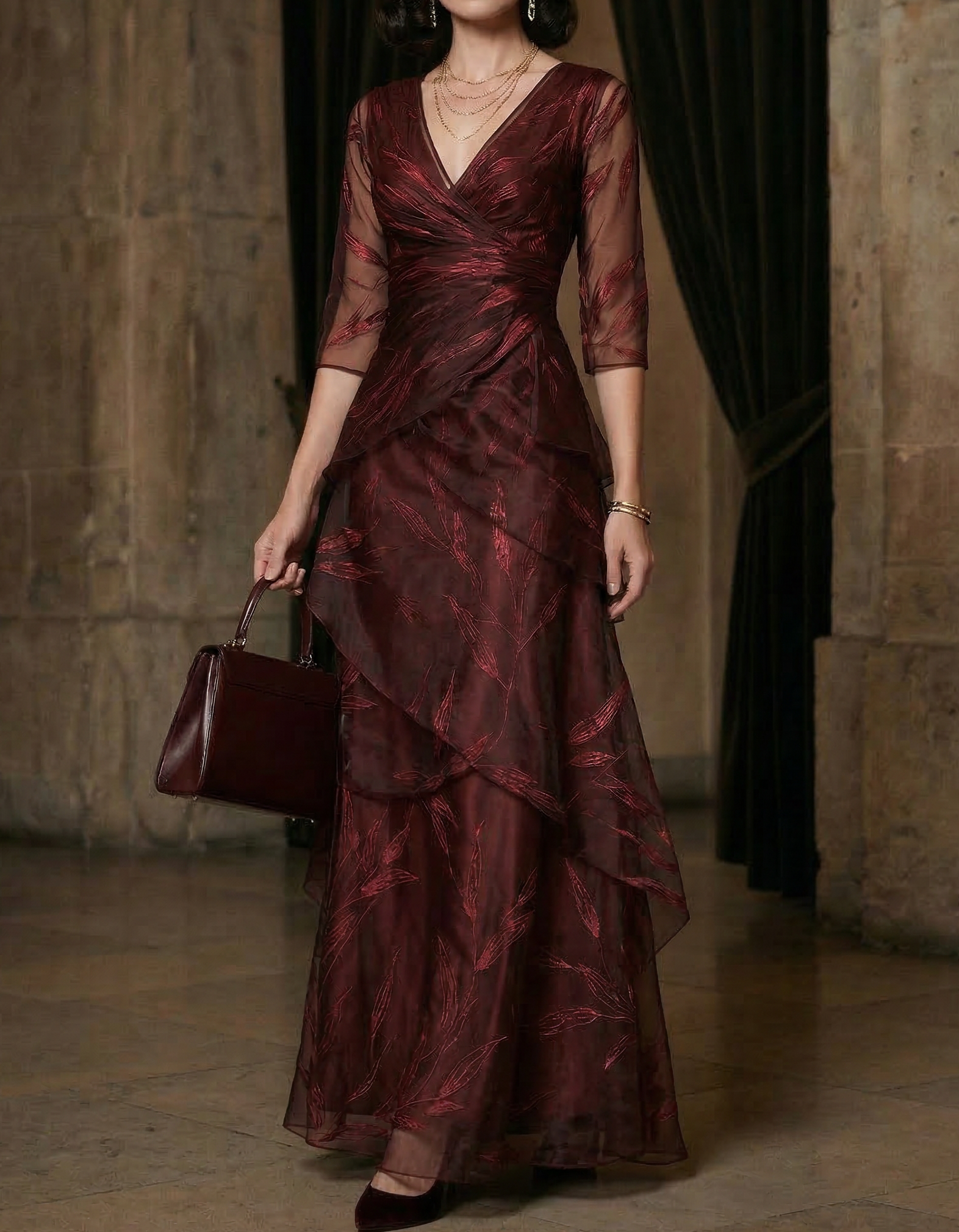 Chiffon Burgundy Feather Embroidered Maxi Dress
