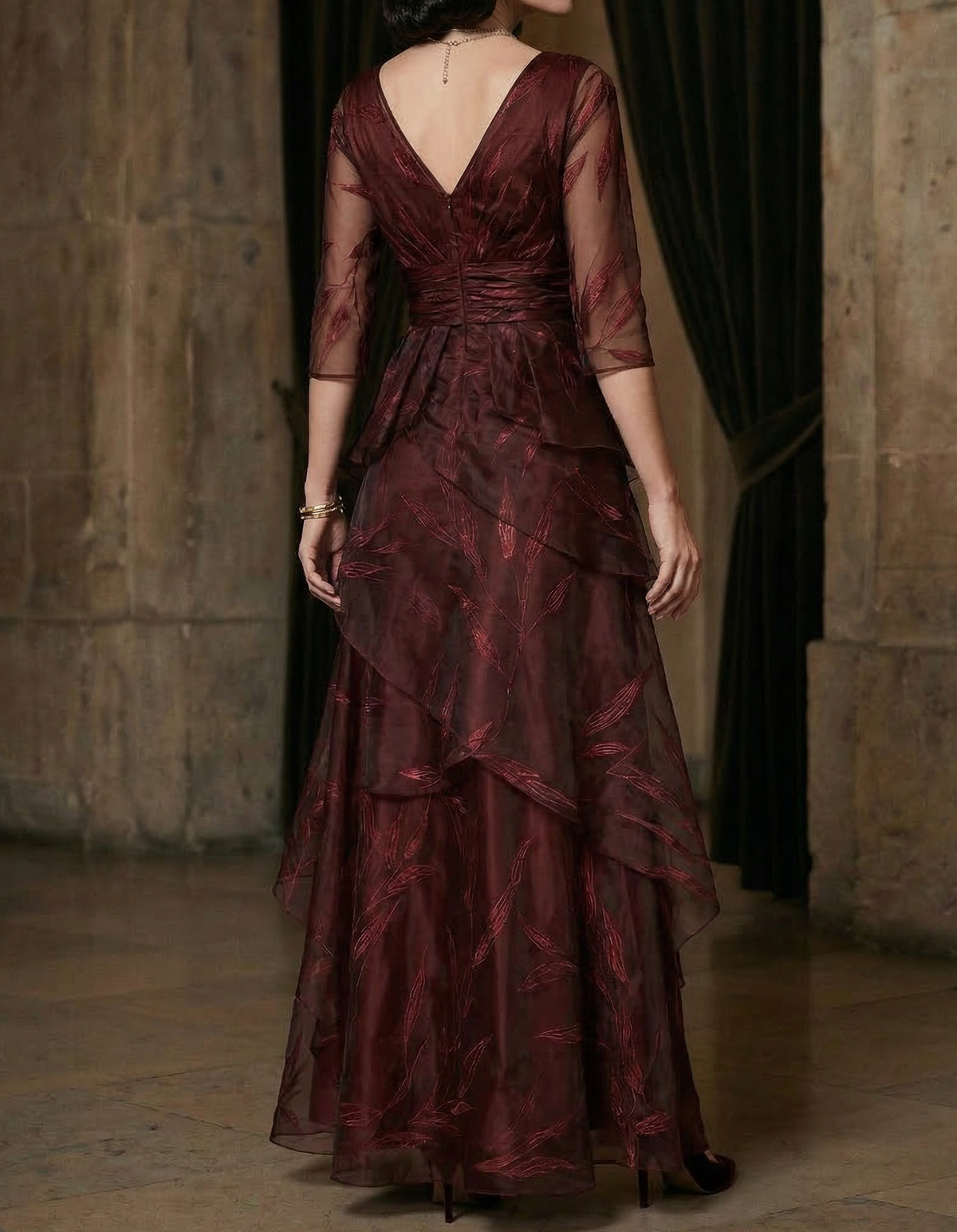 Chiffon Burgundy Feather Embroidered Maxi Dress