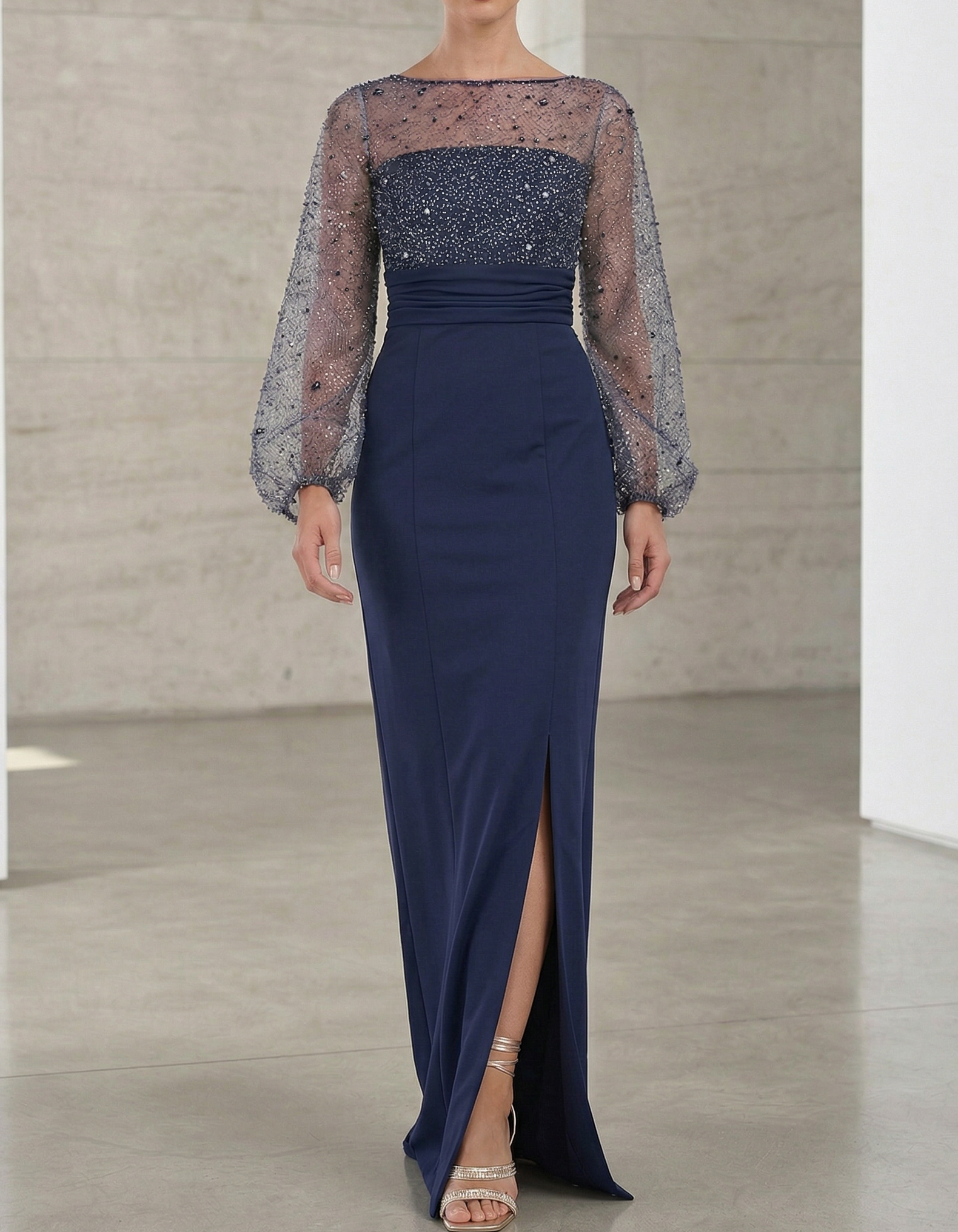 Chiffon Rhinestone mesh fitted waist maxi dress