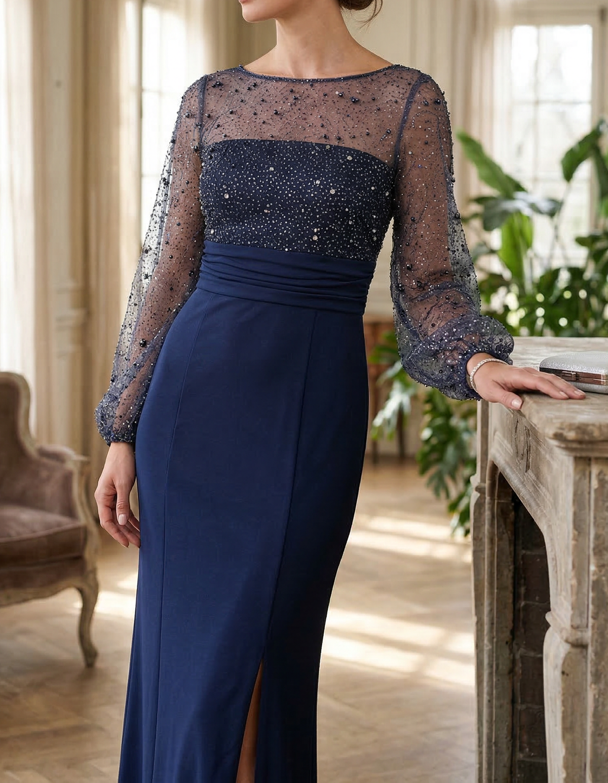 Chiffon Rhinestone mesh fitted waist maxi dress