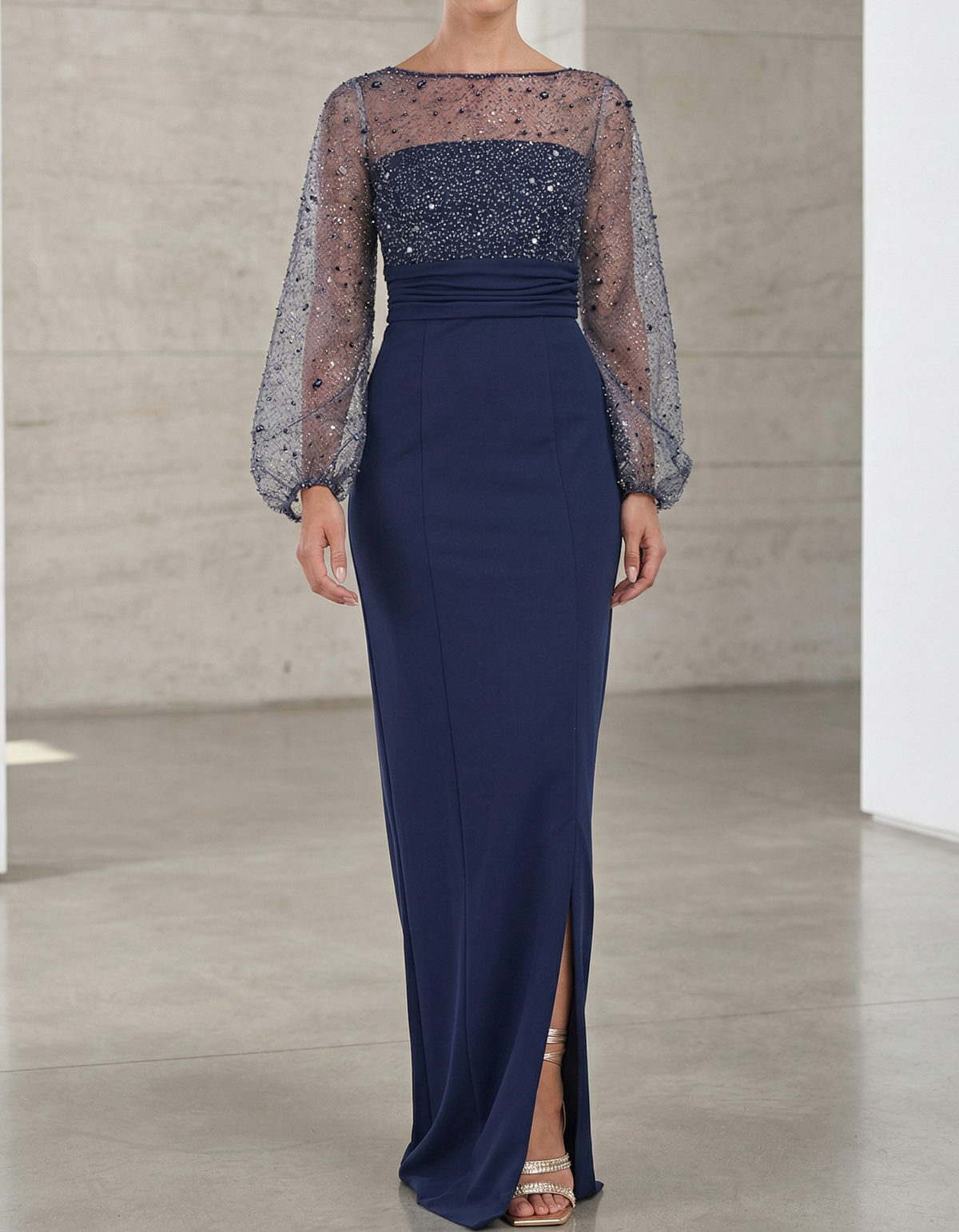 Chiffon Rhinestone mesh fitted waist maxi dress