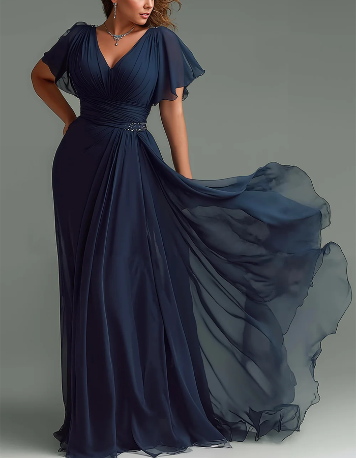 Deep Navy Chiffon V-neck Ruffled Sleeve Maxi Dress