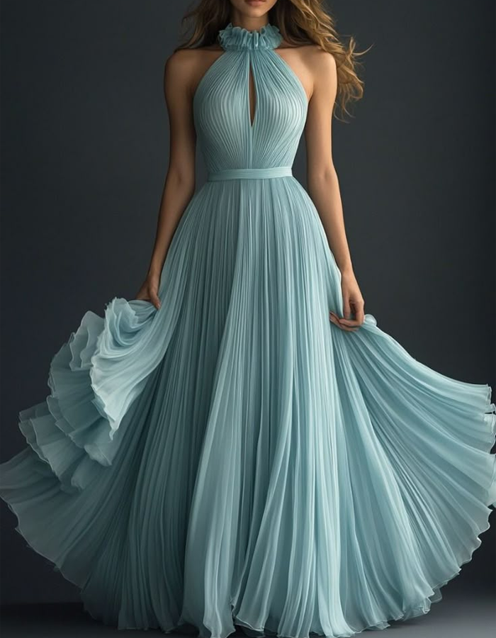 Ice-blue Pleated Halter-neck Chiffon Maxi Dress