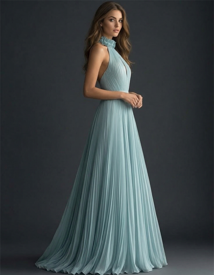 Ice-blue Pleated Halter-neck Chiffon Maxi Dress