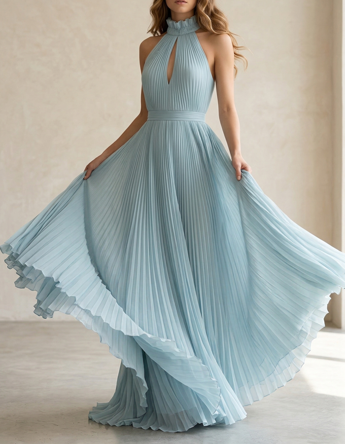 Ice-blue Pleated Halter-neck Chiffon Maxi Dress