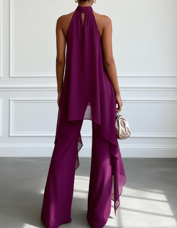 Halter-neck Chiffon Top And Trousers 2-piece Set