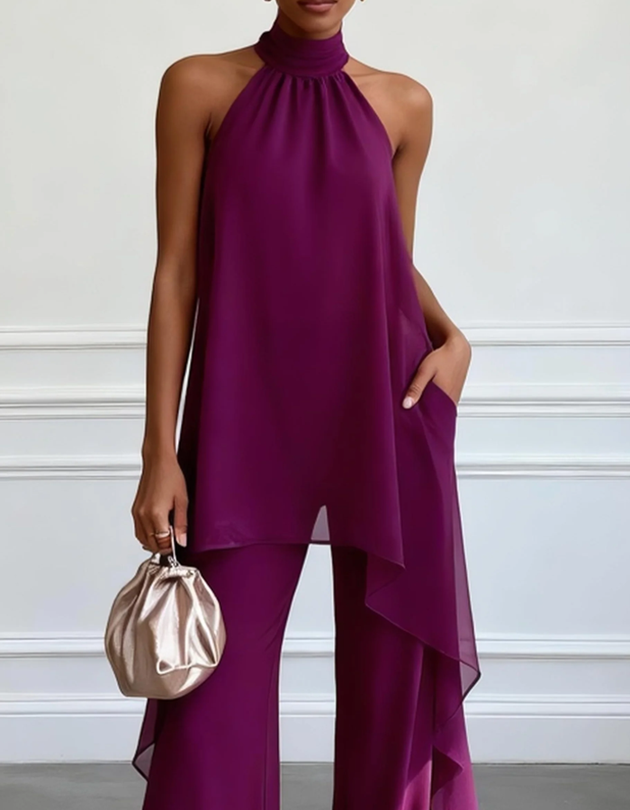 Halter-neck Chiffon Top And Trousers 2-piece Set