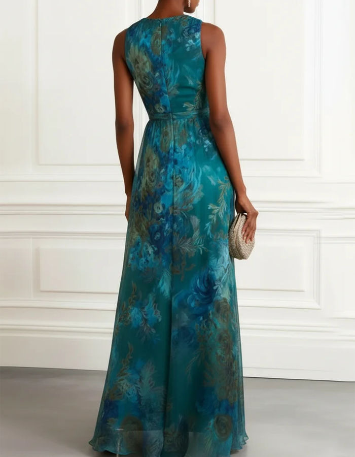 Watercolor V-neck Floral Chiffon Maxi Dress