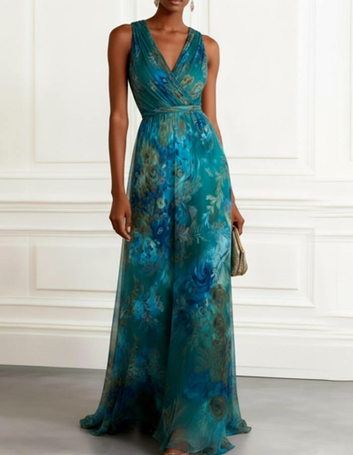 Watercolor V-neck Floral Chiffon Maxi Dress