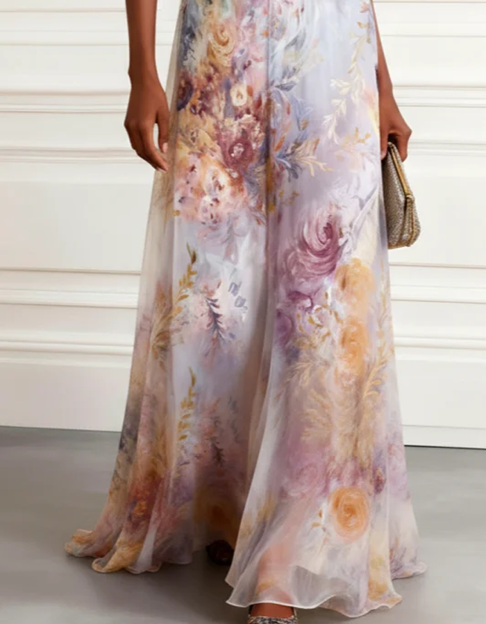 Watercolor V-neck Floral Chiffon Maxi Dress