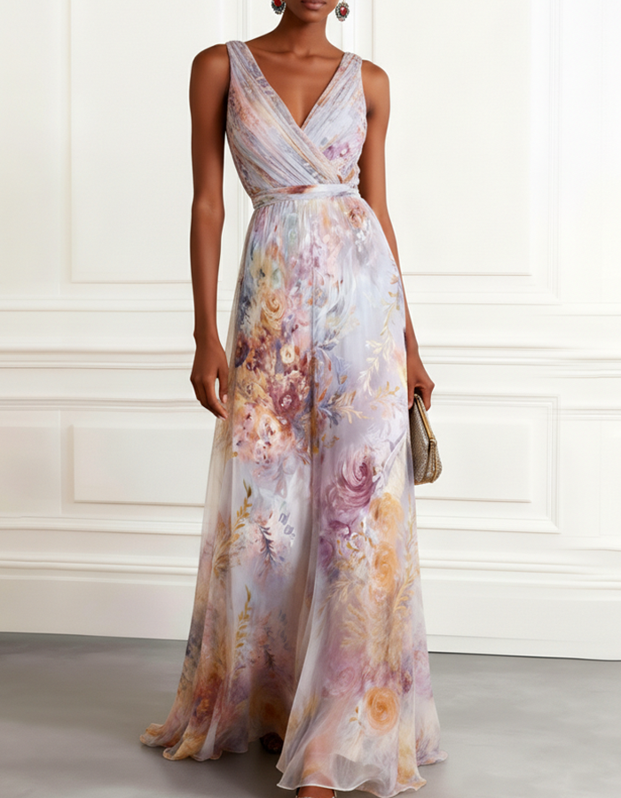 Watercolor V-neck Floral Chiffon Maxi Dress