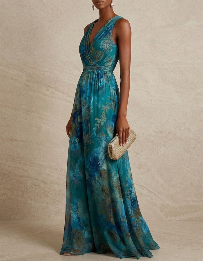 Watercolor V-neck Floral Chiffon Maxi Dress