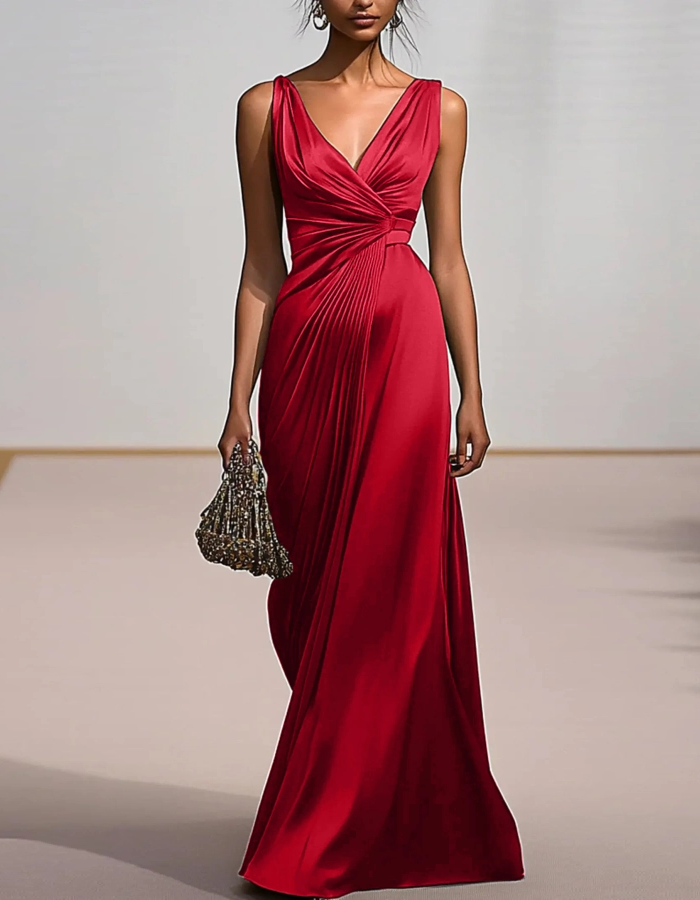 Vestido maxi de satén liso drapeado con cuello en V