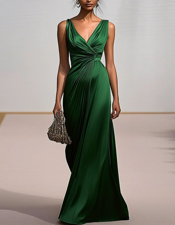 Vestido maxi de satén liso drapeado con cuello en V