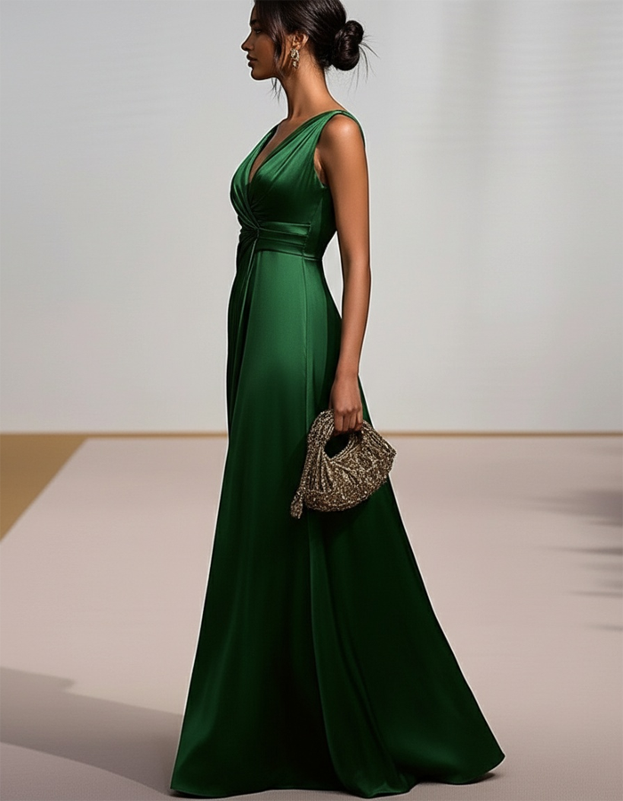 Vestido maxi de satén liso drapeado con cuello en V