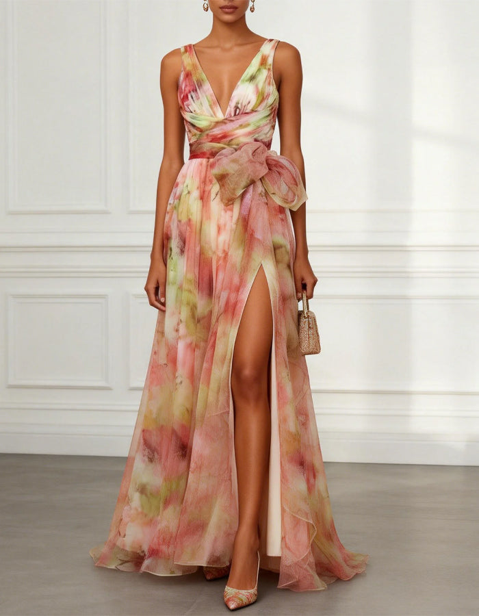 Tie Dye Chiffon V-Neck With Slit Maxi Dress