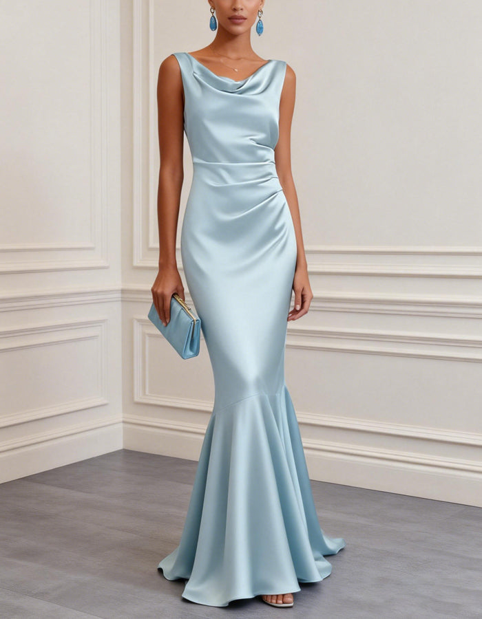 Ice Blue Satin Draped Fishtail Maxi Dress