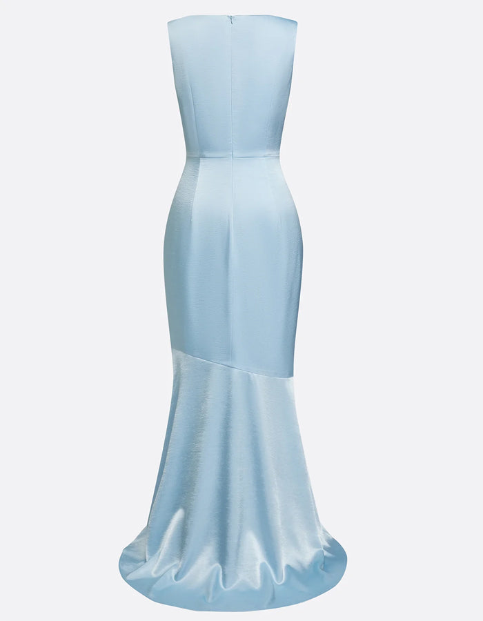 Ice Blue Satin Draped Fishtail Maxi Dress