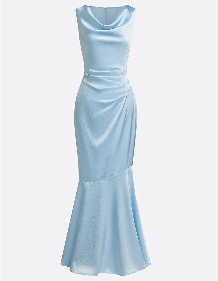 Ice Blue Satin Draped Fishtail Maxi Dress