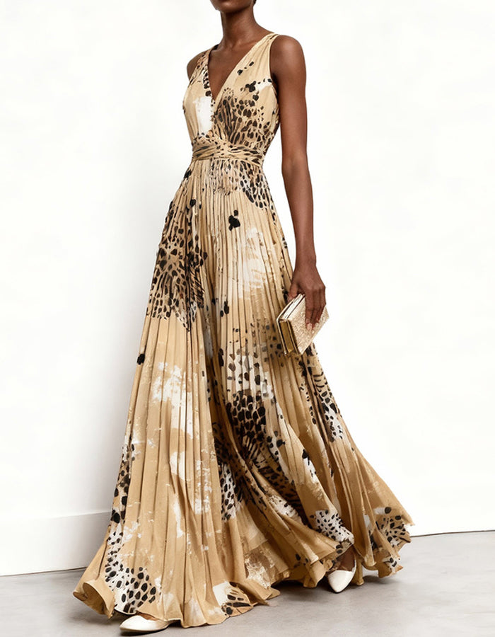 Camel Leopard Print Abstract Pleated Pleats Maxi Dress