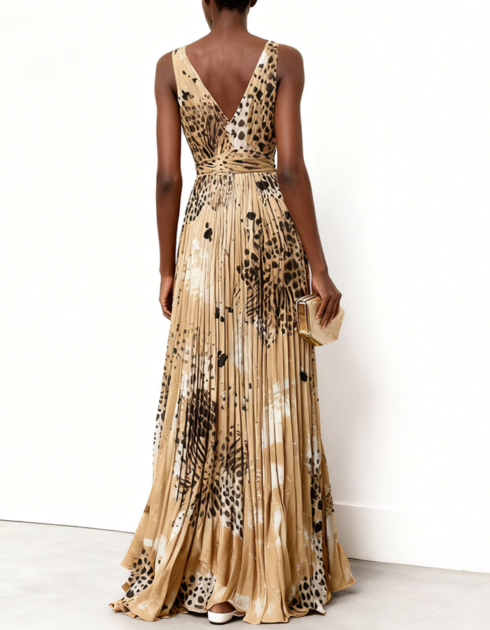 Camel Leopard Print Abstract Pleated Pleats Maxi Dress
