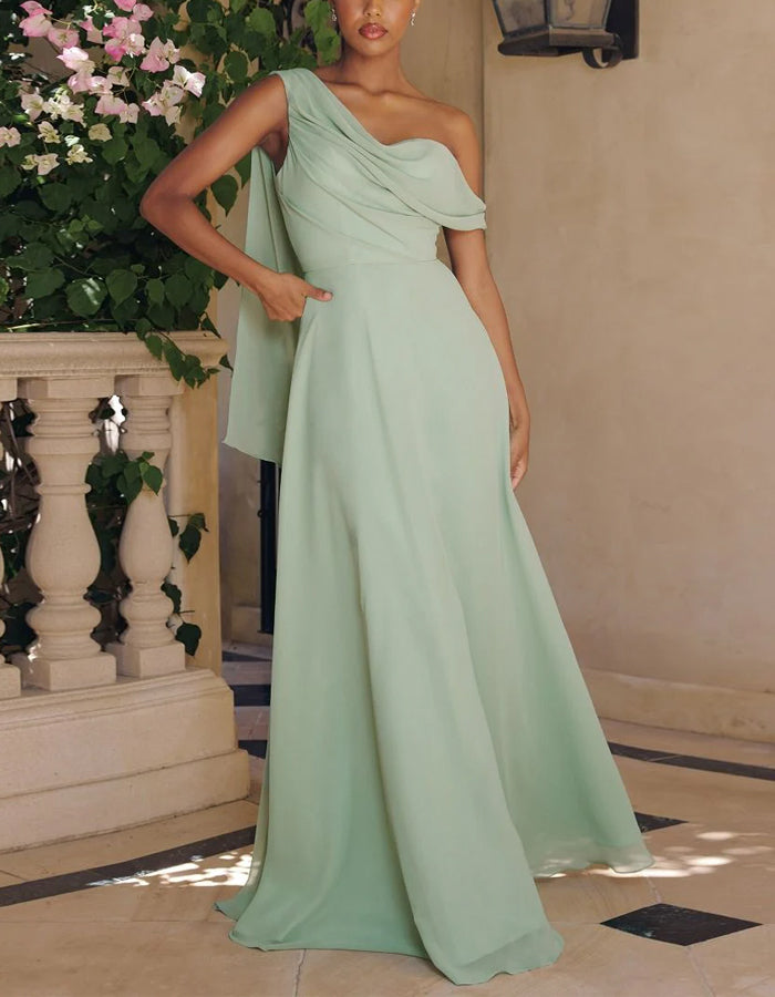 Solid Color Chiffon One Shoulder Ribbon Maxi Dress