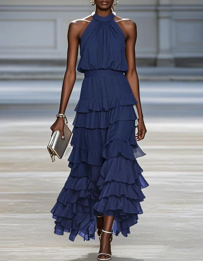 Dark Navy Halter-Neck Tiered Ruffle Chiffon Maxi Dress