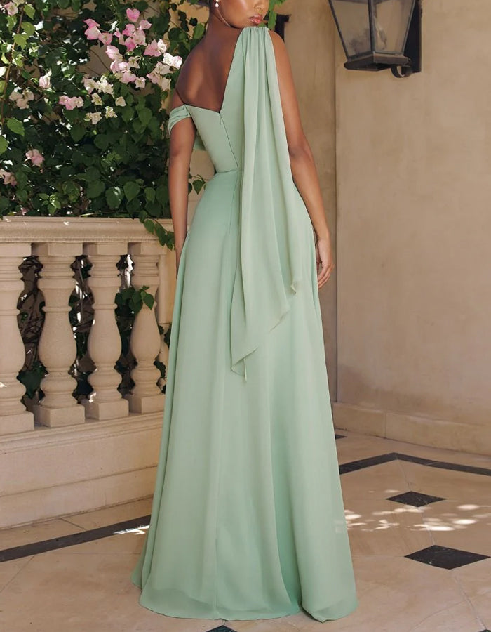 Robe longue en mousseline unie à ruban et une seule épaule