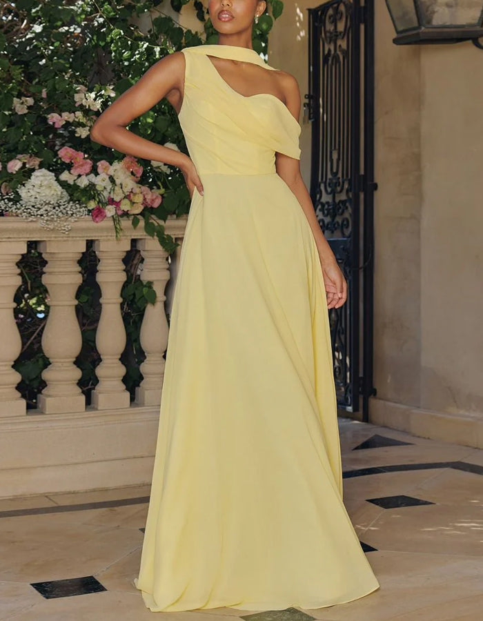 Solid Color Chiffon One Shoulder Ribbon Maxi Dress