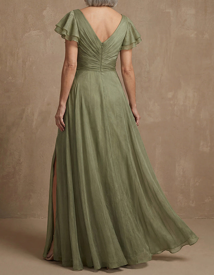 Green V-neck Ruffled Sleeve Maxi Dress