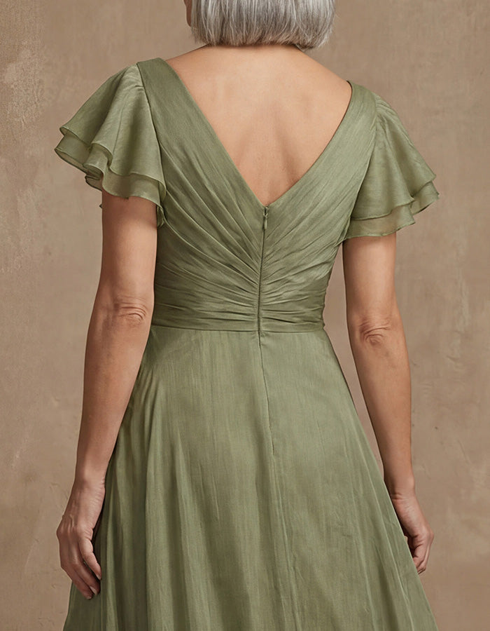 Green V-neck Ruffled Sleeve Maxi Dress