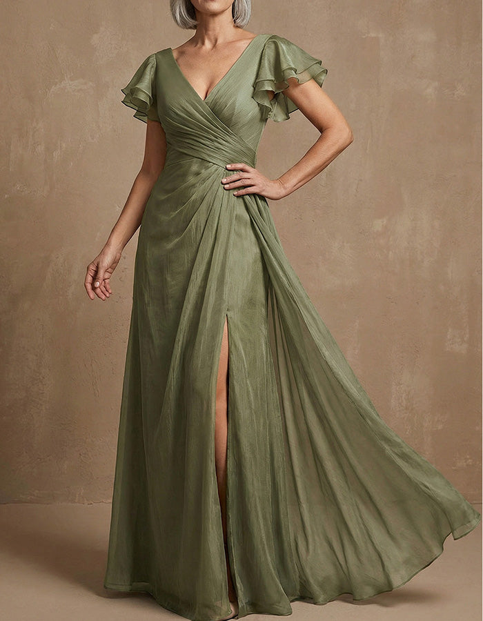 Green V-neck Ruffled Sleeve Maxi Dress