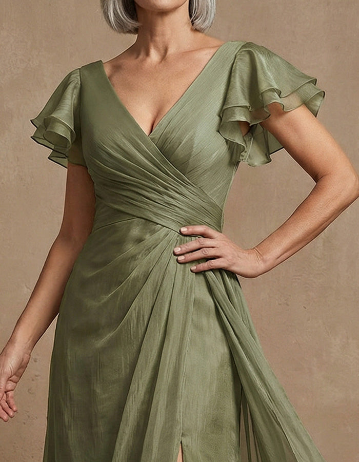 Green V-neck Ruffled Sleeve Maxi Dress