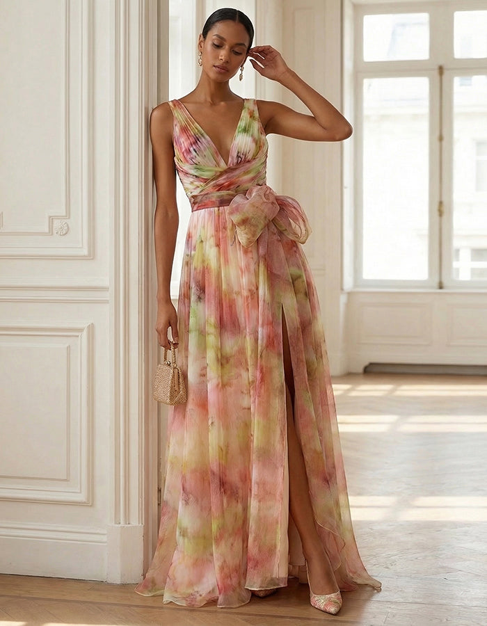 Tie Dye Chiffon V-Neck With Slit Maxi Dress