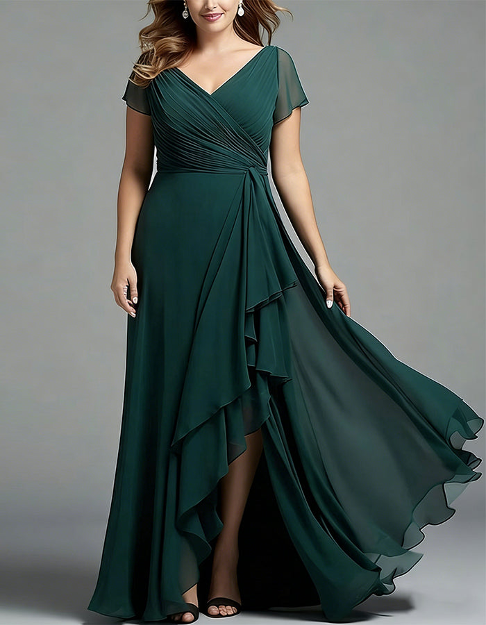 Dark Green Chiffon Wrap With Ruffles Maxi Dress