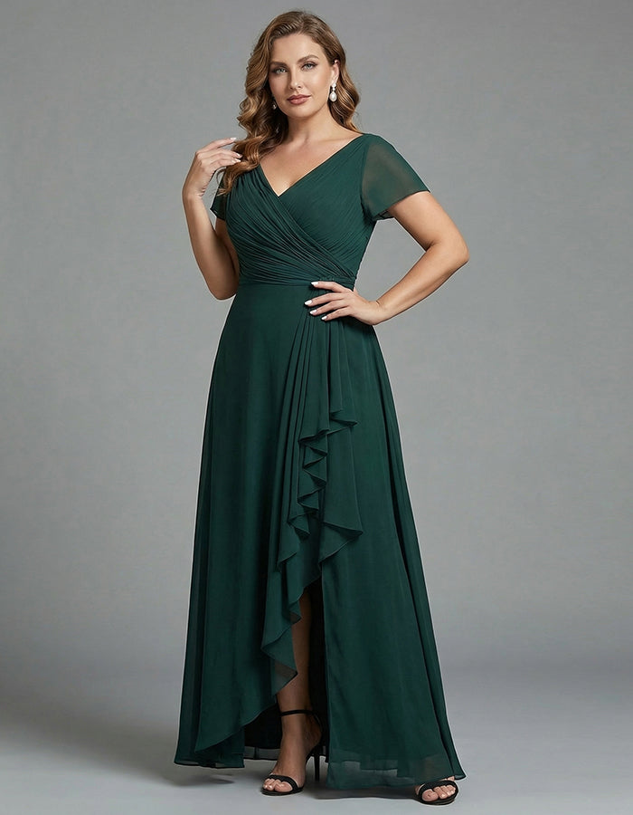 Dark Green Chiffon Wrap With Ruffles Maxi Dress
