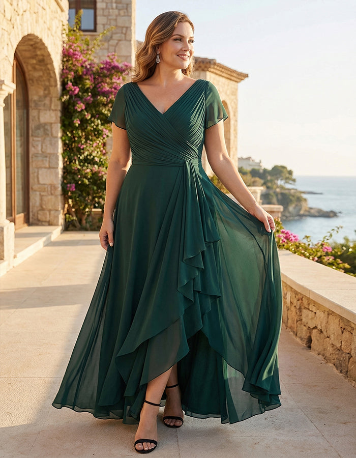 Dark Green Chiffon Wrap With Ruffles Maxi Dress