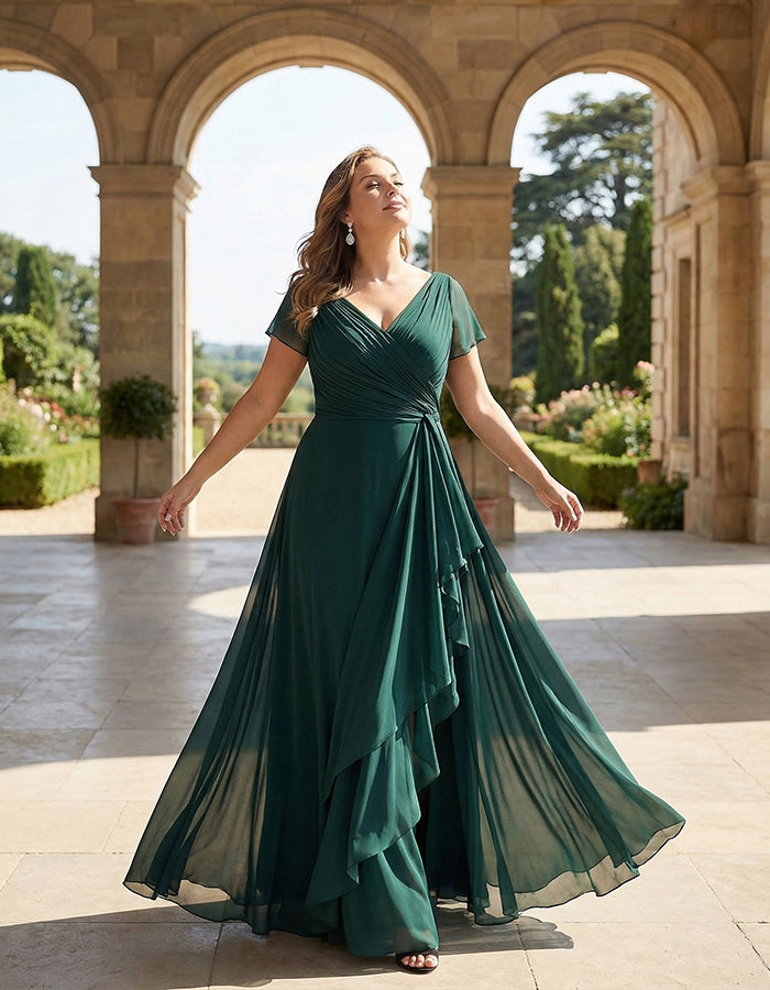 Dark Green Chiffon Wrap With Ruffles Maxi Dress