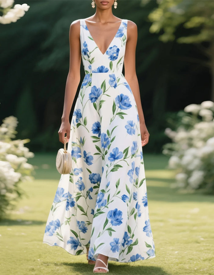 White Background With Blue Floral Watercolor Print Sleeveless Maxi Dress