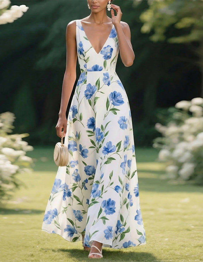 White Background With Blue Floral Watercolor Print Sleeveless Maxi Dress