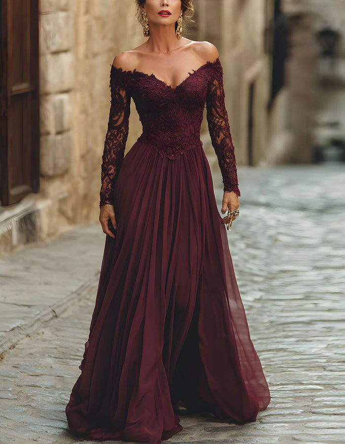 Solid Color Lace Off Shoulder Long Sleeve Maxi Dress