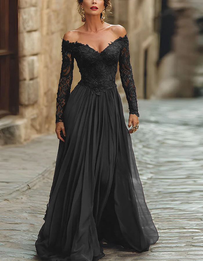 Solid Color Lace Off Shoulder Long Sleeve Maxi Dress