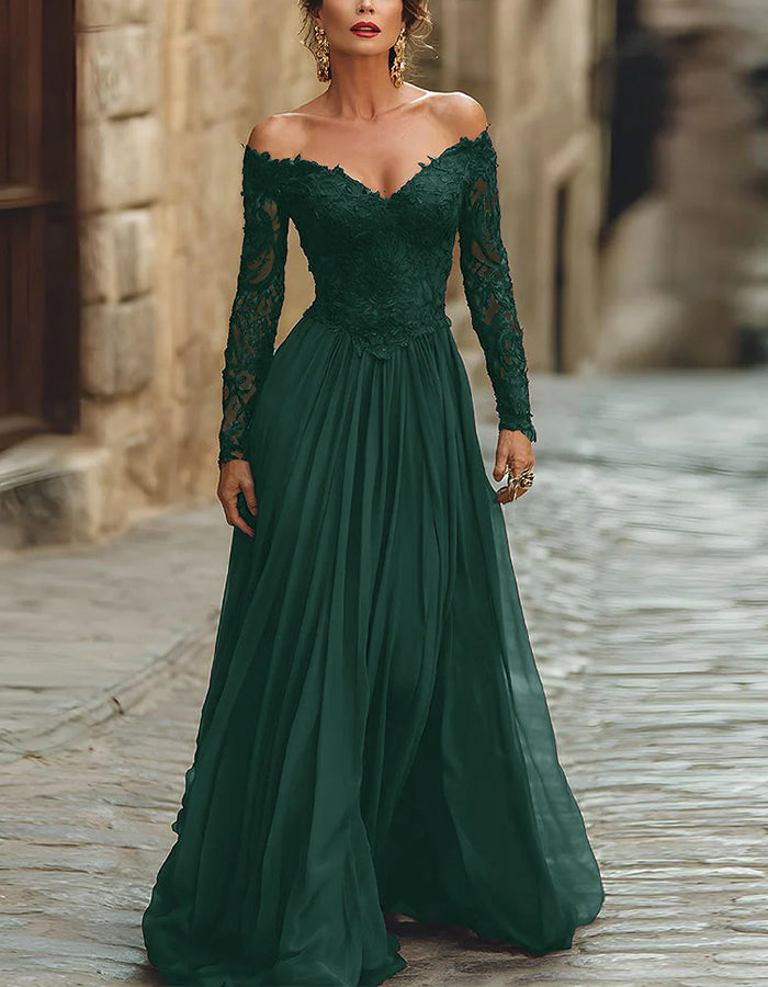 Solid Color Lace Off Shoulder Long Sleeve Maxi Dress