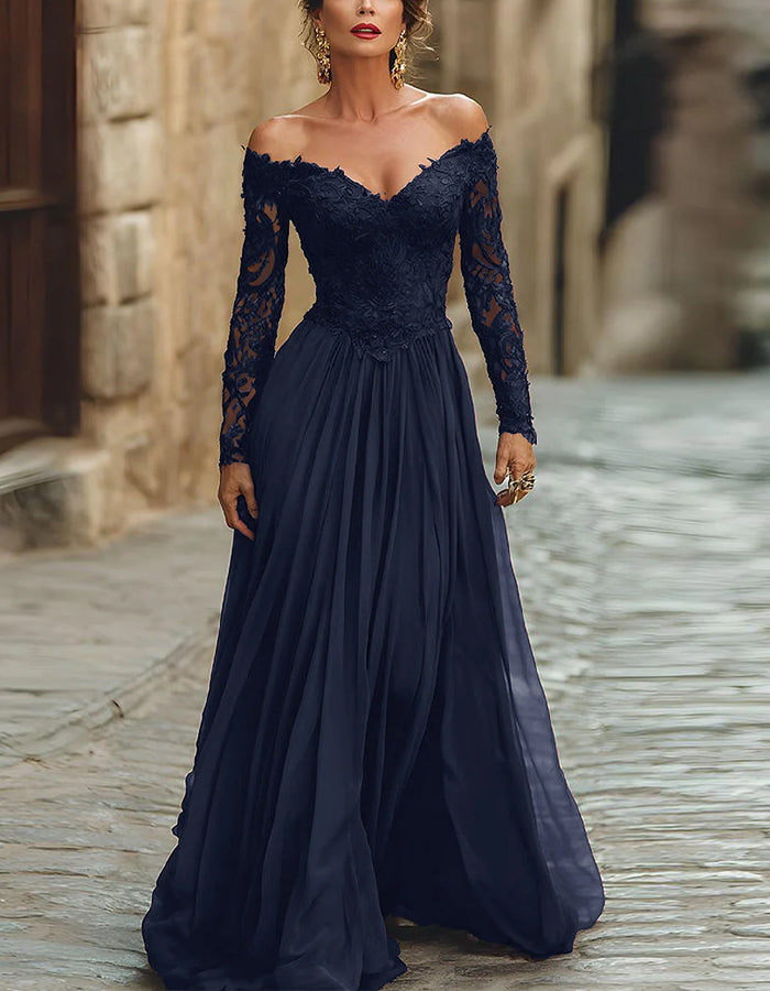 Solid Color Lace Off Shoulder Long Sleeve Maxi Dress
